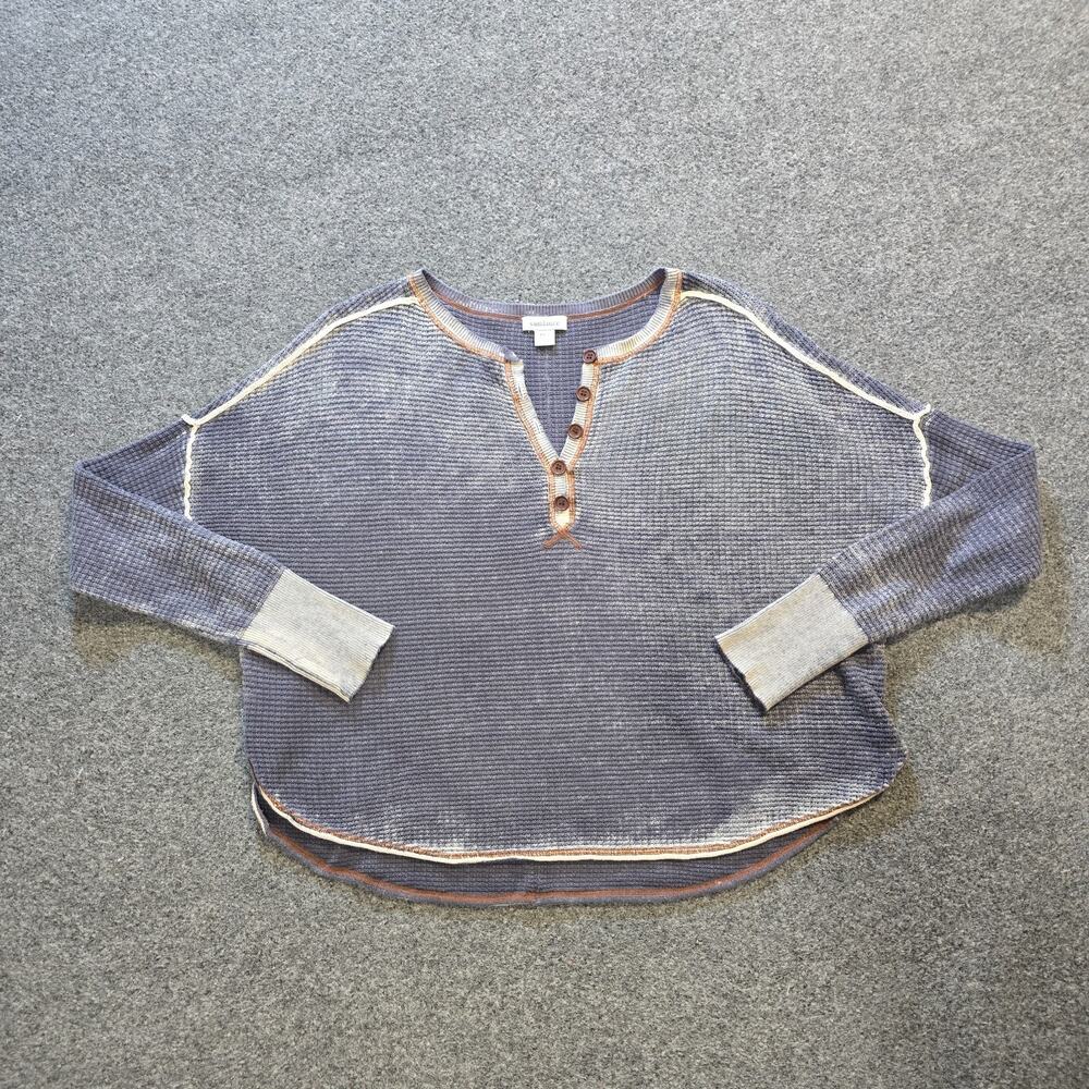 Sundance Top Womens Size XS Petite Gray Thermal Henley Oversized Boxy Casual
